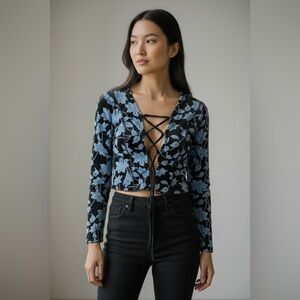 Nasty Gal Black and Blue Floral Velvet Top